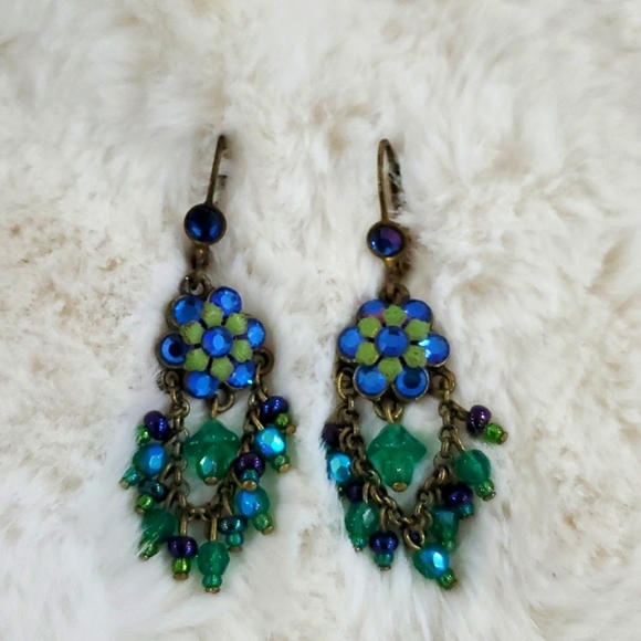 BLUE GREEN DANGLE HANGING DROP EARRINGS BOHO COWGIRL GYPSY FESTIVAL - Picture 1 of 4